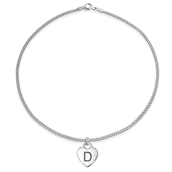 Bling Jewelry Womens Heart Shape Charm Alphabet Initial D Anklet Ankle Bracelet .925 Sterling Silver 10"