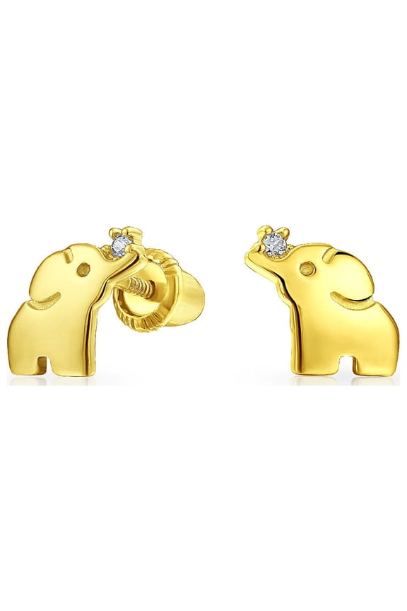 Womens Tiny CZ Stud Earrings: Lucky Elephant in 14K Yellow Gold with Screwback