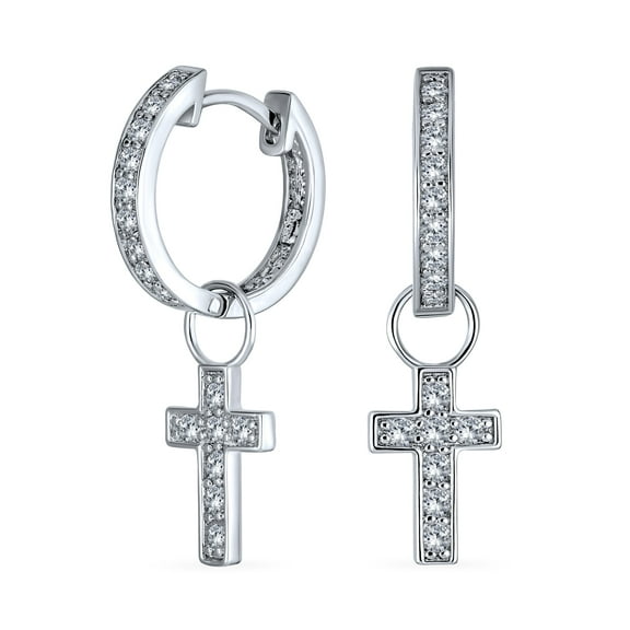Bling Jewelry Womens Tiny Cross Communion Kpop Huggie Dangle Chandelier Earrings CZ Hoop Set