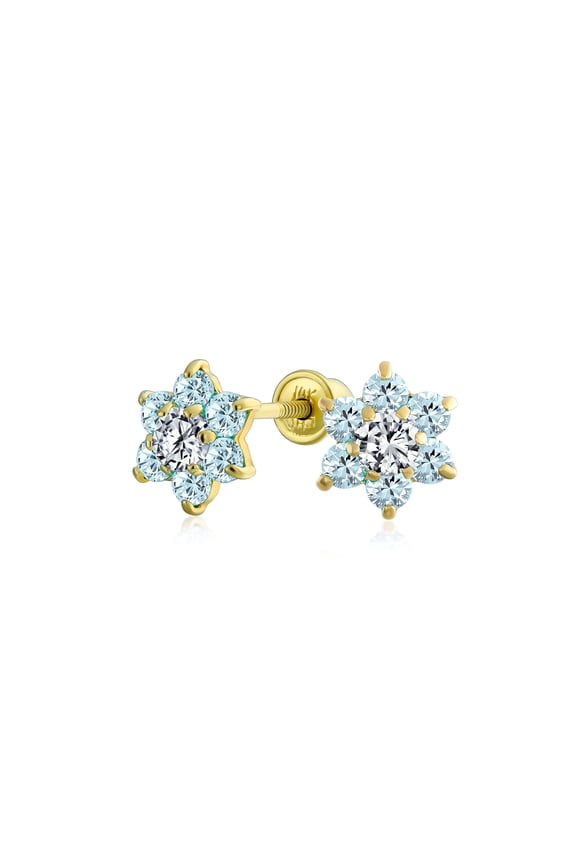 Womens Tiny CZ Cubic Zirconia Flower Stud Earrings Real 14K Gold Screw back