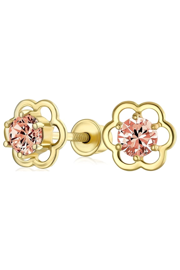 Womens Tiny Cubic Zirconia Pink CZ Center Open Flower Stud Earrings 14K Gold Screw-back