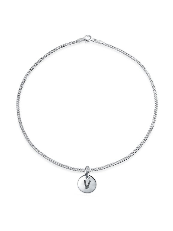 Womens Circle Disc Alphabet Initial V Anklet Ankle Bracelet Sterling Silver 9"
