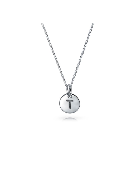 Womens Tiny Circle Disc Alphabet Initial T Pendant Necklace .925 Sterling Silver