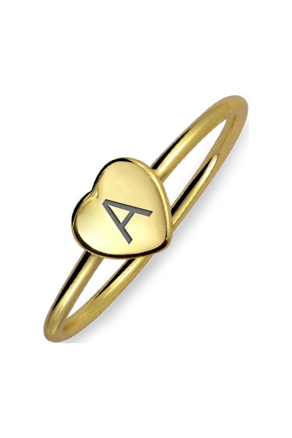 Womens Tiny Minimalist Silver Ring Heart Shape Initial Monogram Gold Plated Sterling