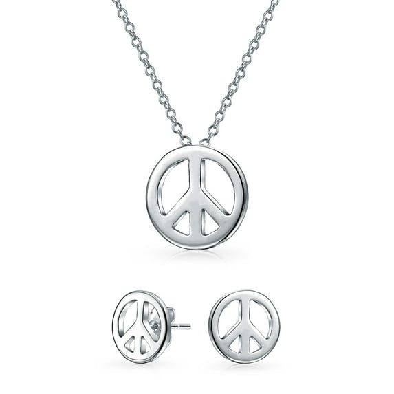 Bling Jewelry Womens Peace Symbol Pendant Charm Necklace and Earring Set Sterling Silver