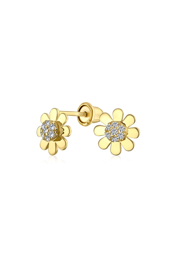 Womens Tiny Petite CZ Stud Earrings, 14K Gold Sunflower Daisy Design, Secure Screw Back