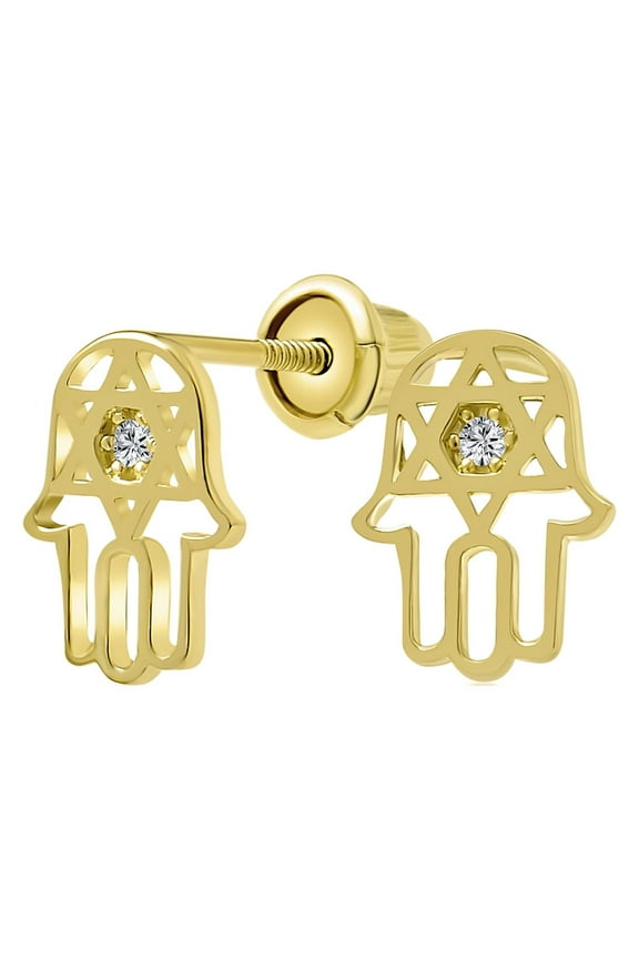 Womens Tiny Petite Judaic Jewelry CZ Stud Earrings 14K Gold Hamsa Star of David