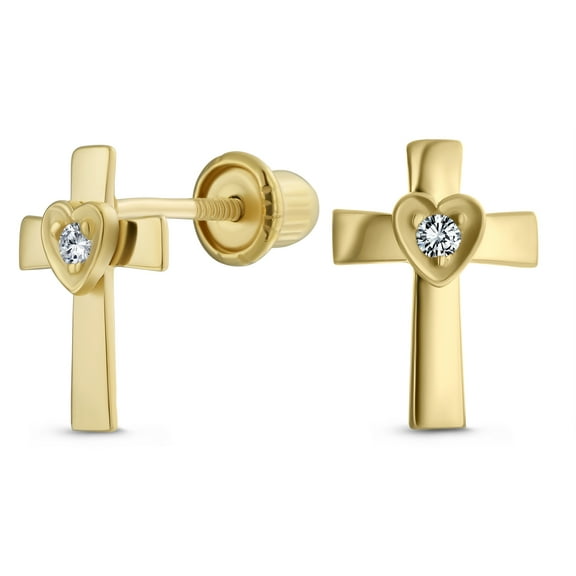 Bling Jewelry Womens Tiny Religious Christian CZ Stud Earrings 14K Gold Heart Cross Screw Back