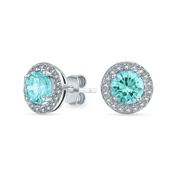 Bling Jewelry Womens Round Solitaire Halo Aqua CZ Stud Earrings.925 Sterling Silver 8MM