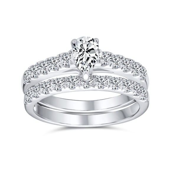 Bling Jewelry Womens 1CT CZ Teardrop Engagement Ring Anniversary Set Pave Band Sterling Silver