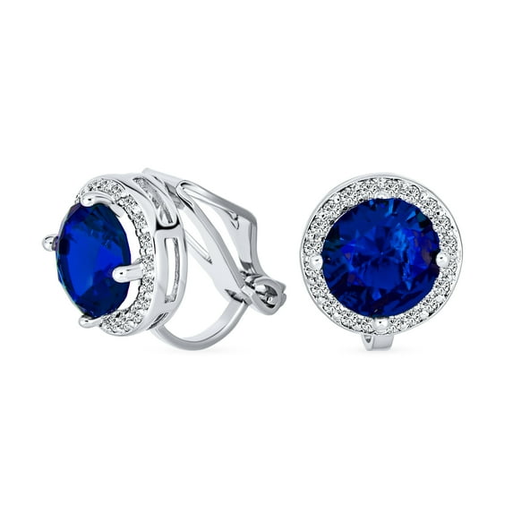 Bling Jewelry Womens Traditional 2CT Round Blue CZ Halo Clip-On Earrings Silver Plated 7MM