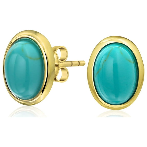 Bling Jewelry Womens Traditional Turquoise Bezel Set Dome Button Oval Stud Earrings Gold Plated