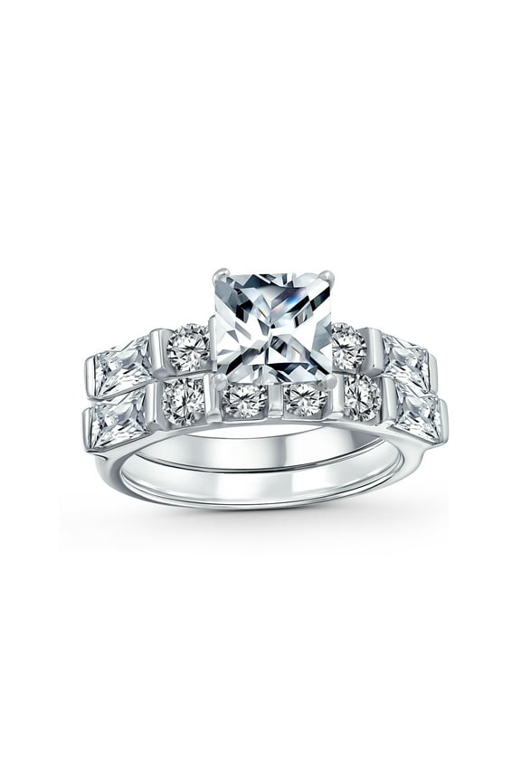 Womens Traditional CZ Baguettes Cocktail Statement Ring with 2CT Princess Cut Solitaire