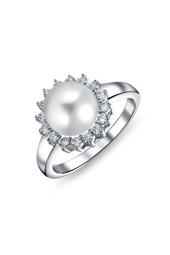 Womens Traditional CZ Halo Solitaire Simulated Pearl Cocktail Ring Sterling Silver