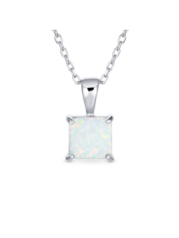 Womens Created White Opal Princess Cut Solitaire Pendant Necklace Sterling Silver