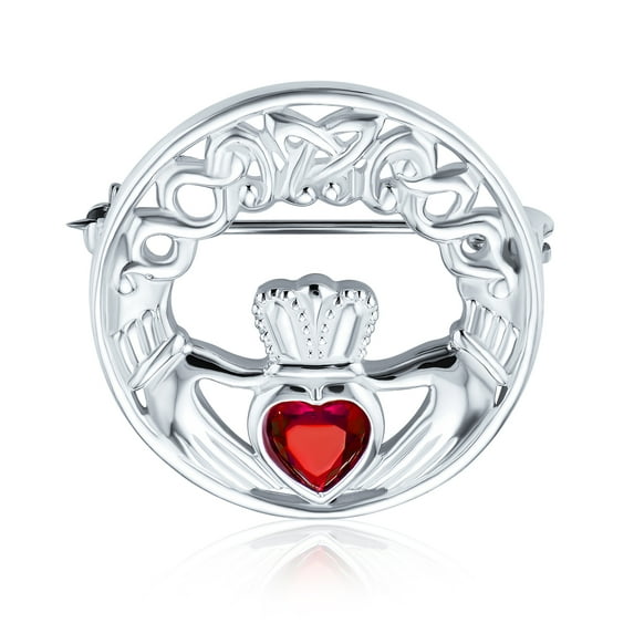 Bling Jewelry Womens Traditional Irish Celtic Claddagh Brooche Pin with Red Heart CZ Sterling Silver