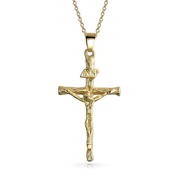 Bling Jewelry Womens Traditional Jesus Inri Crucifix Cross Pendant Necklace Two Tone 18K Gold Plated