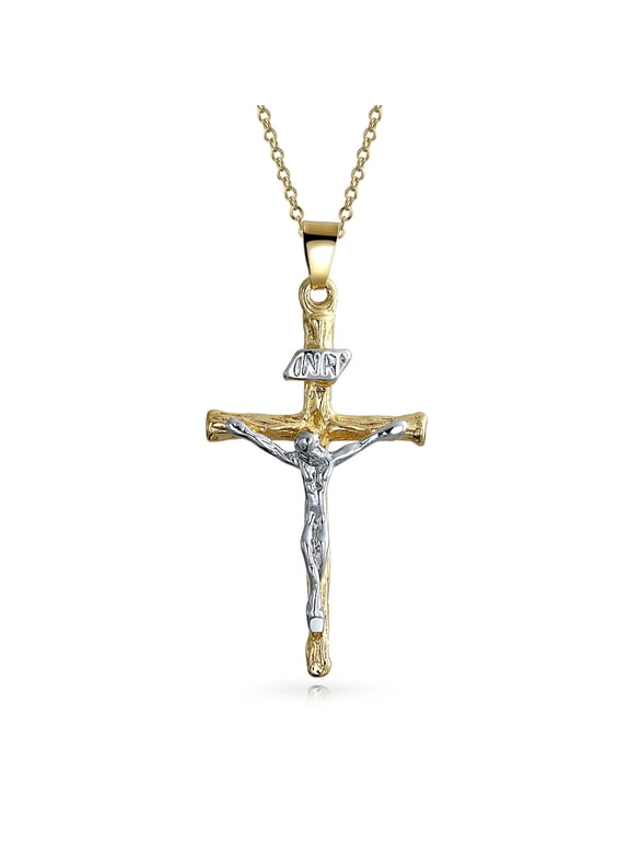 Womens Traditional Jesus Inri Crucifix Cross Pendant Necklace Two Tone Gold Plated