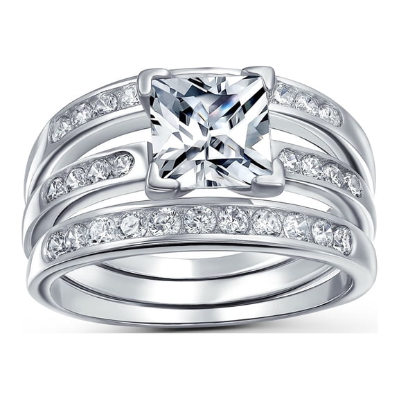 Bling Jewelry Womens Traditional Square 2CT Solitaire CZ Triple Pave Band Statement Ring Set Silver