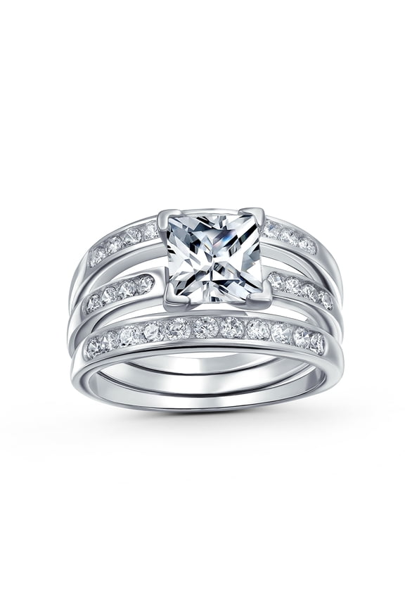 Womens Traditional Square 2CT Solitaire CZ Triple Pave Band Statement Ring Set Silver