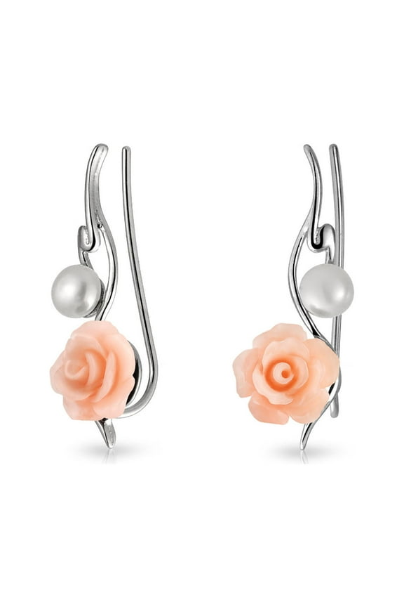 Womens Trendy 3D Rose Flower Ear Cuff Cartilage with Pearl Sterling Silver Earrings