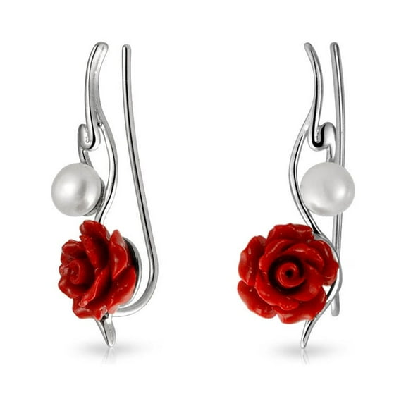 Bling Jewelry Womens Trendy 3D Rose Flower Ear Cuff Cartilage with Pearl Sterling Silver Earrings