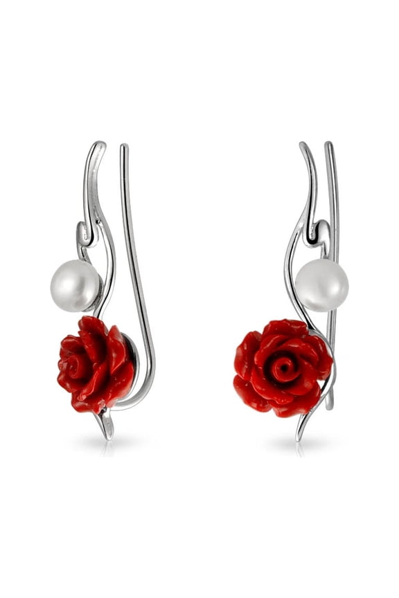 Womens Trendy 3D Rose Flower Ear Cuff Cartilage with Pearl Sterling Silver Earrings