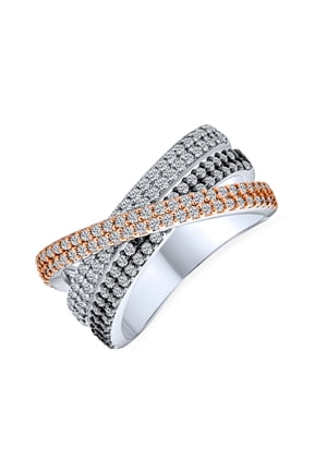 Womens Tri Color CZ Criss Cross Triple Eternity Band Ring Black Rose Silver Plated