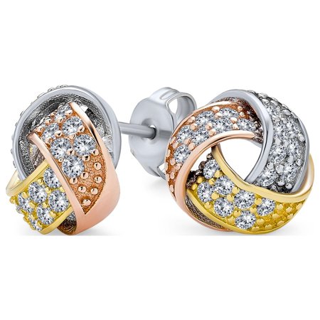 Bling Jewelry Womens Tri Color Twisted CZ Stud Earrings Rose Gold Plated Sterling Silver