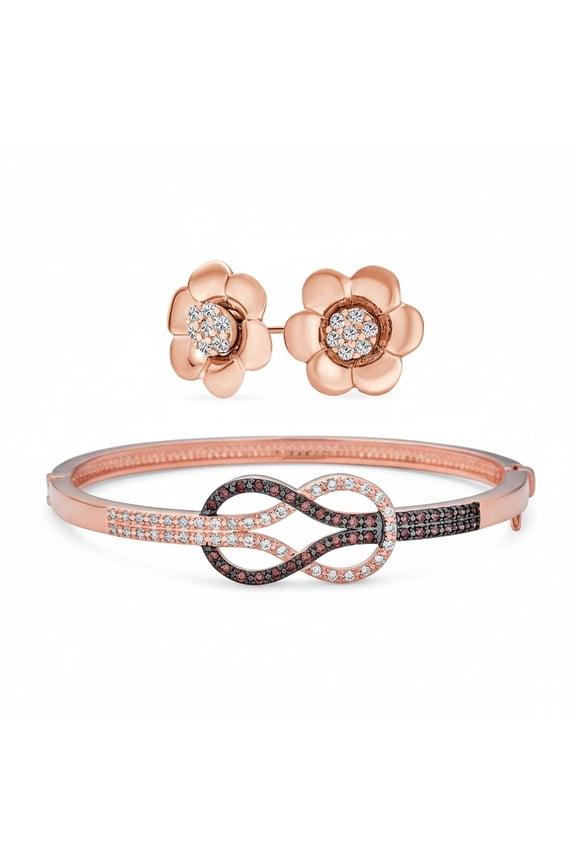 Womens Tri-Tone CZ Infinity Bangle Bracelet & Rose Stud Earrings Set Rose Gold Plated
