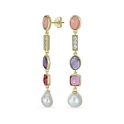 BLING JEWELRY Womens Tri Tone Pearl Tourmaline Amethyst Dangle Gemstone Earrings