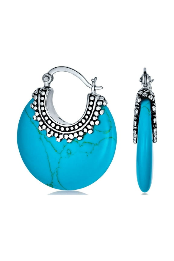 Womens Bali Style Turquoise Round Half Crescent Hoop Earrings Milgrain .925 Sterling Silver