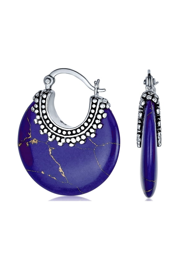 Womens Bali Style Blue Lapis Round Half Crescent Hoop Earrings Milgrain .925 Sterling Silver