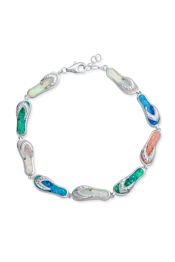 Womens Tropical Beach Multi-Color Flip Flop Strand Bracelet with Created Opal in Silver