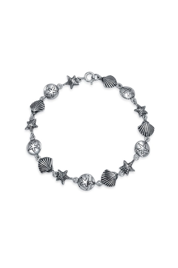 Womens Tropical Beach Nautical Charm Chain Link Bracelet Sterling Silver 7-7.5 Inch