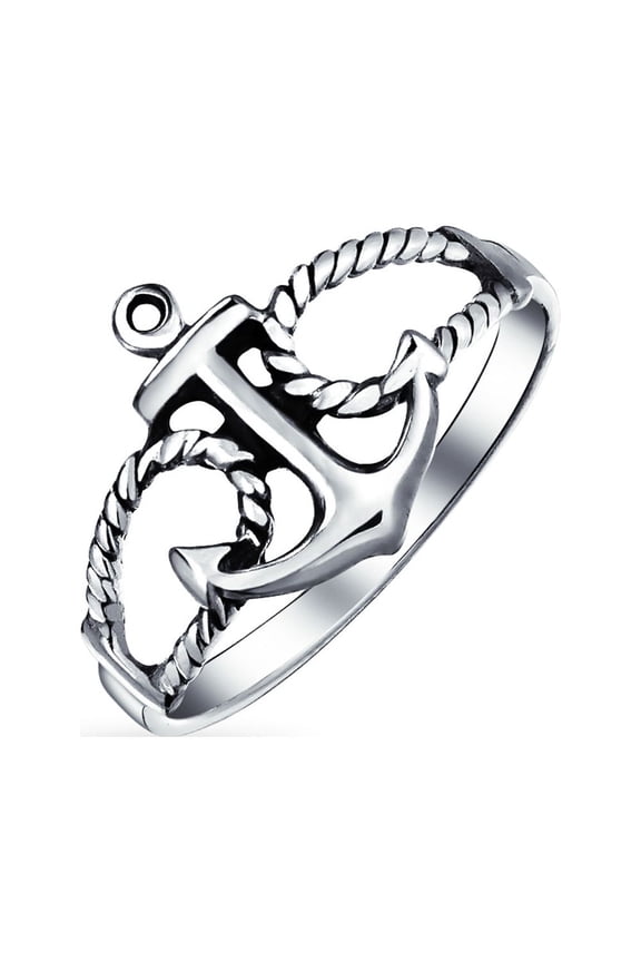 Womens Tropical Beach Nautical Silver Ring with Anchor Band in Oxidized Sterling