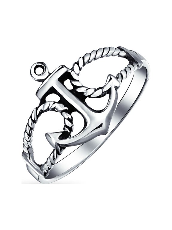 Womens Nautical Sailor Boat Rope Anchor Ring Band Oxidized .925 Sterling Silver