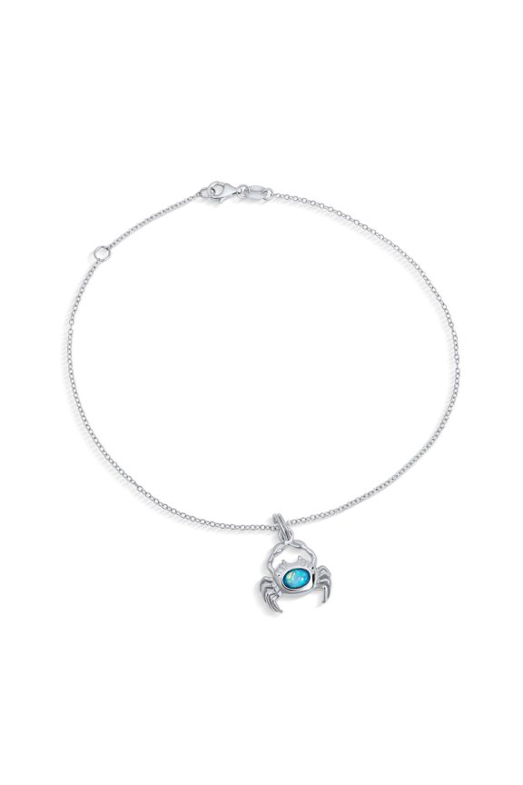 Womens Tropical Beach Sand Crab Blue Opal Charm Anklet Ankle Bracelet Sterling Silver