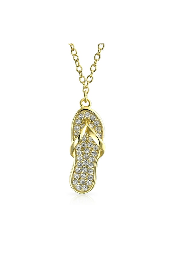 Womens Tropical Nautical CZ Flip Flop Sandal Pendant Necklace 14K Gold Plated Silver