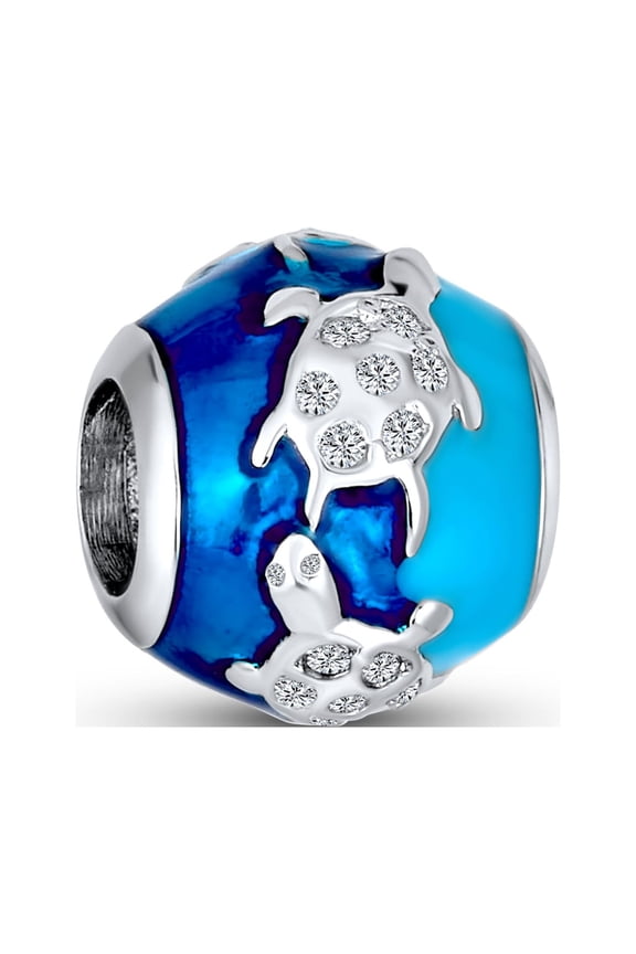Womens .925 Sterling Silver Tropical Vacation Nautical Ocean Blue Waves Sea Turtle Charm Bead for Bracelet