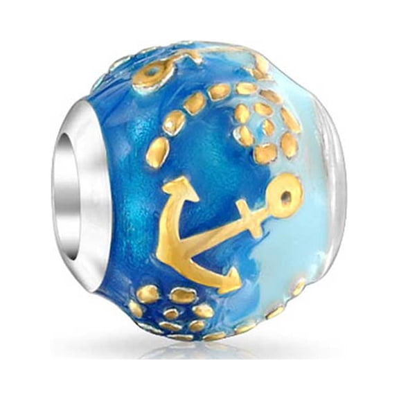 Bling Jewelry Womens .925 Sterling Silver Tropical Nautical Ocean Blue Waves Anchor Charm Bead 14K Gold Plated