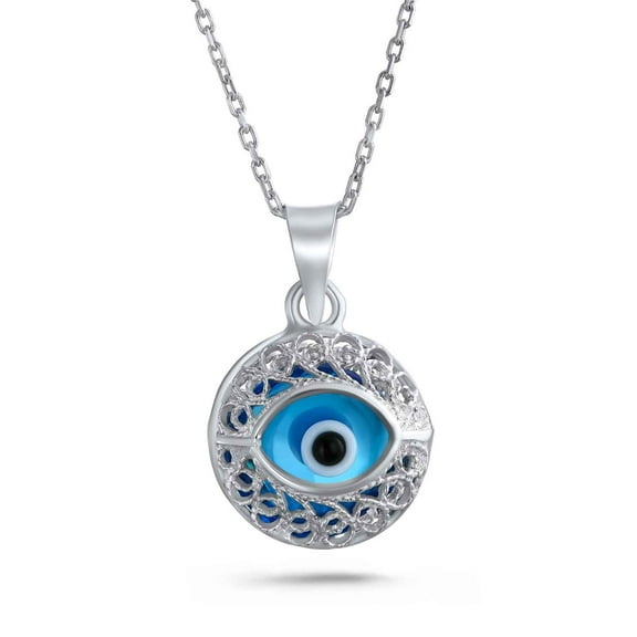 Bling Jewelry Womens Turkish Amulet Aqua Nazar Blue Evil Eye Filigree Charm Pendant Necklace Silver