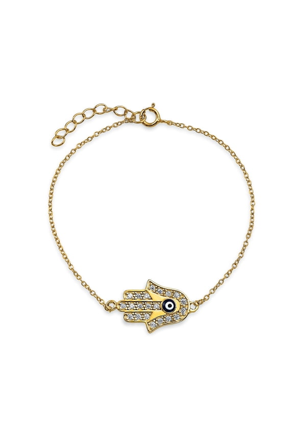 Womens .925 Sterling Silver Turkish Evil Eye Hamsa Hand Charm Bracelet Cubic Zirconia Accent CZ Gold Plated