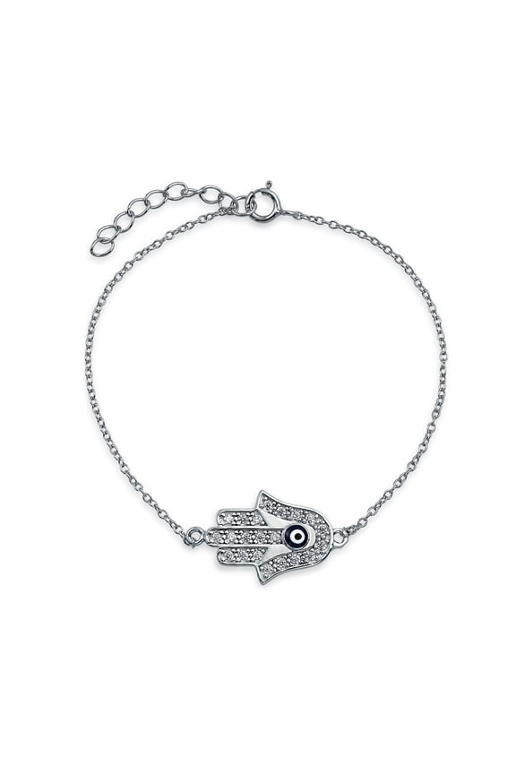 Womens Spiritual Turkish Evil Eye Hamsa Hand Charm Bracelet .925 Sterling Silver