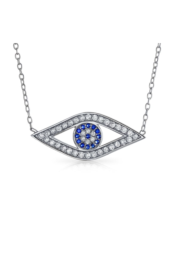 Womens Turkish Blue Evil Eye Pendant Necklace with Pave CZ in Sterling Silver