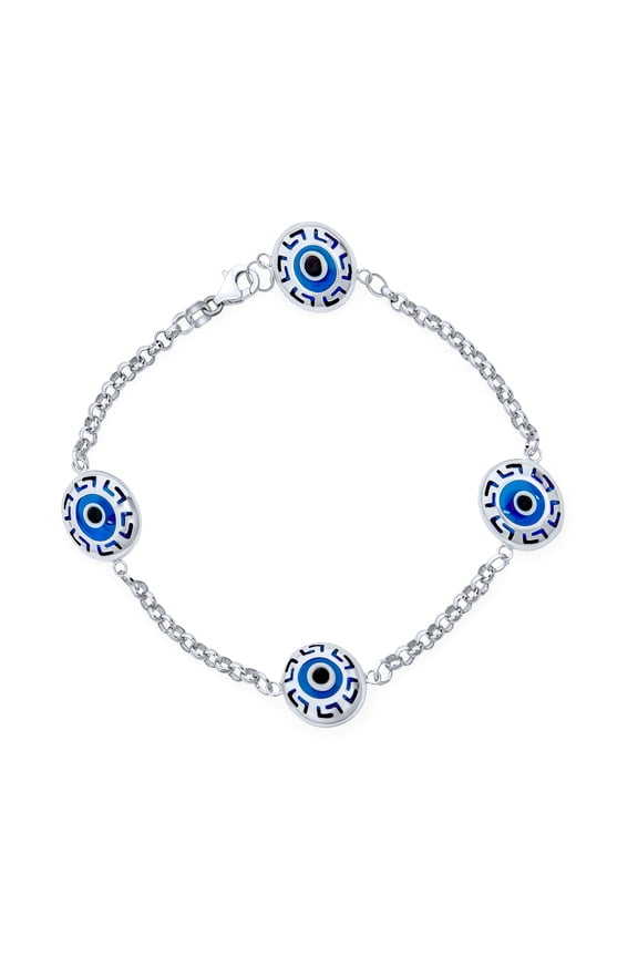 Womens Turkish Evil Eye Chain Link Bracelet Greek Motif Sterling Silver 7.5 Inch