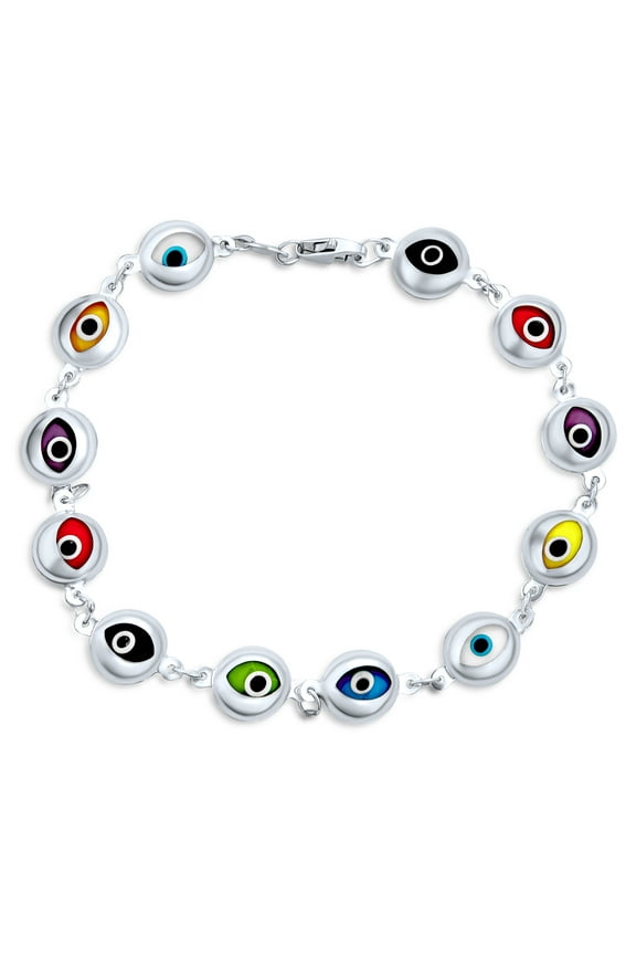 Womens Turkish Multicolor Evil Eye Strand Bracelet with Flower Charms Sterling Silver