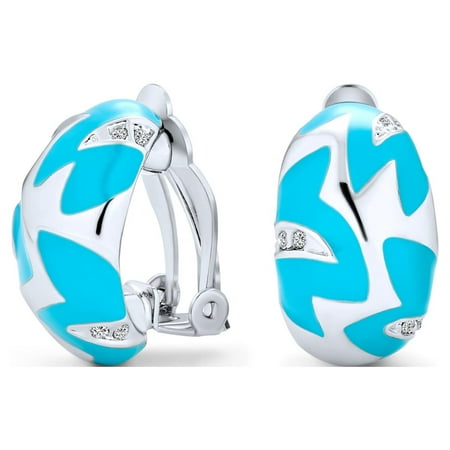 Bling Jewelry Womens Turquoise Blue Zig Zag Half Hoop Clip-On Earrings Silver