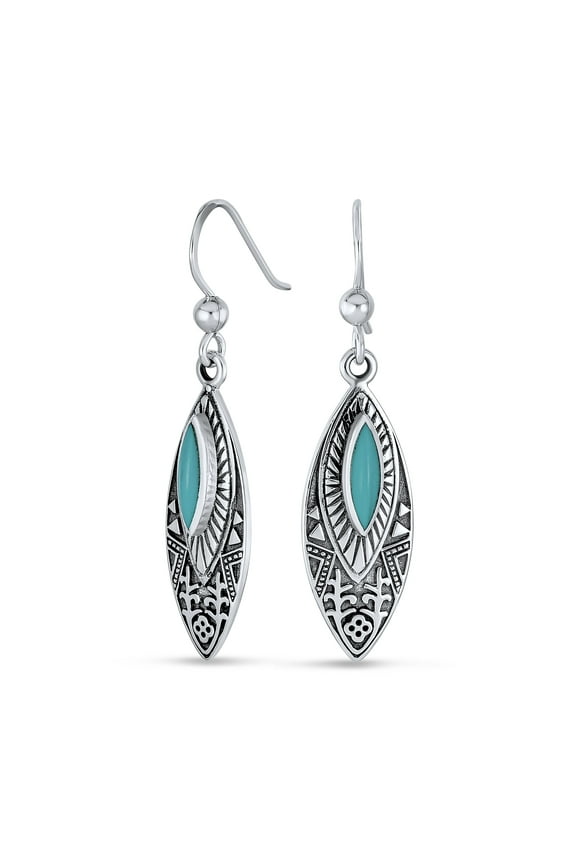 Womens Turquoise Leaf Feather Dangle Gemstone Earrings Silver