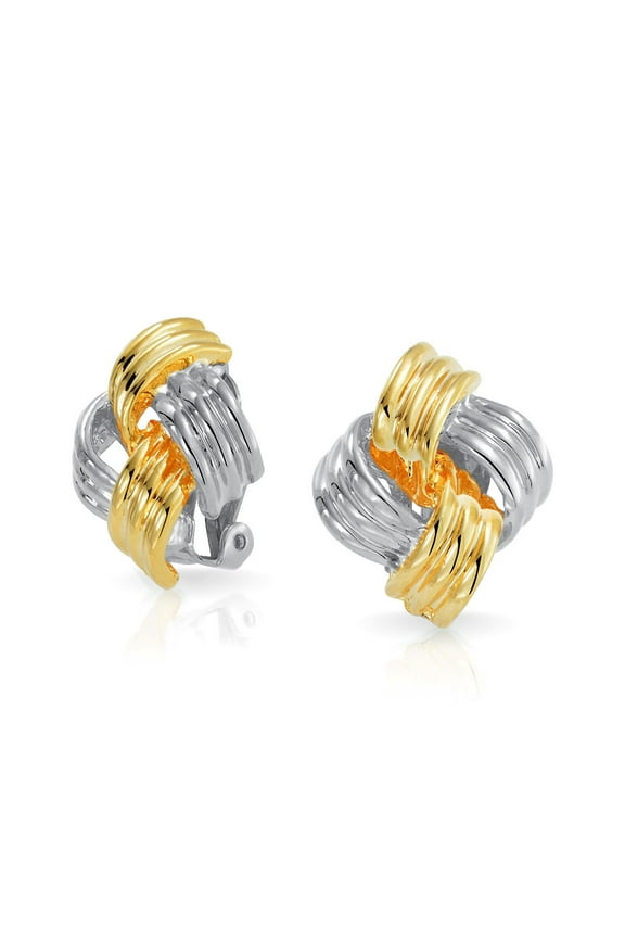 Womens Fashion Square 2 Tone Rope Love Knot Clip On Earrings Non Pierced Ears Gold & Silver Plated